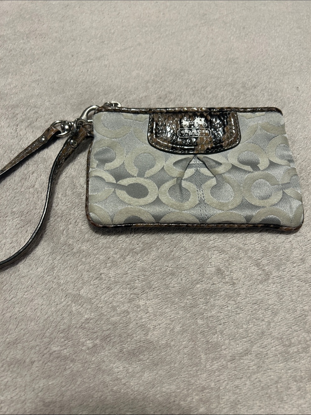 Coach Signature Wristlet in Silver and Metallic Brown Trim